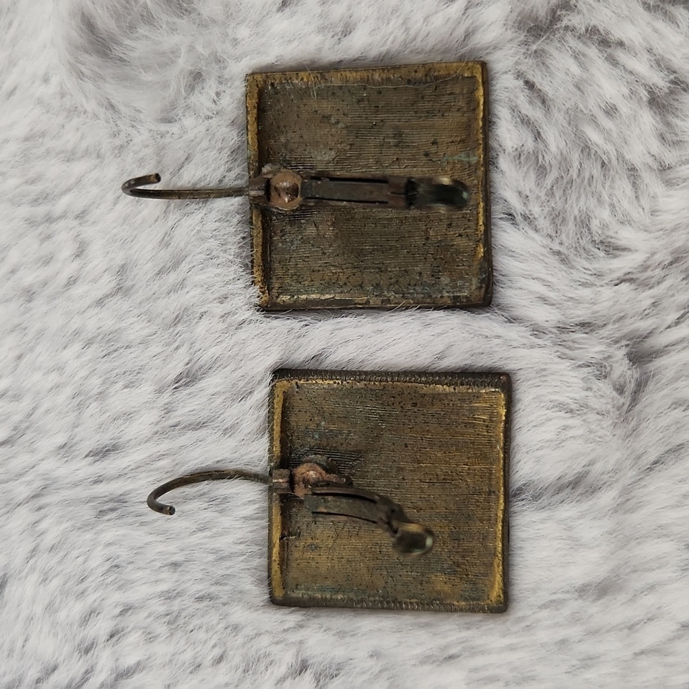 Vintage Black Enamel Square Dangle Earrings Gold Tone Geometric Abstract Art Dec - Picture 2 of 5